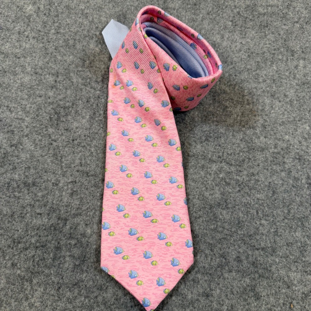 Tommy Hilfiger Mens Pink Tropical Fish Silk Necktie Made in USA Italy Print